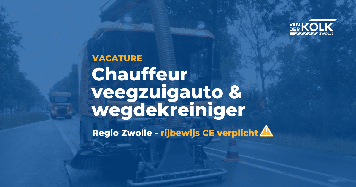 foto van een vrachtwagen veegzuigauto en wegdekreiniger firma van der Kolk Zwolle vacatures